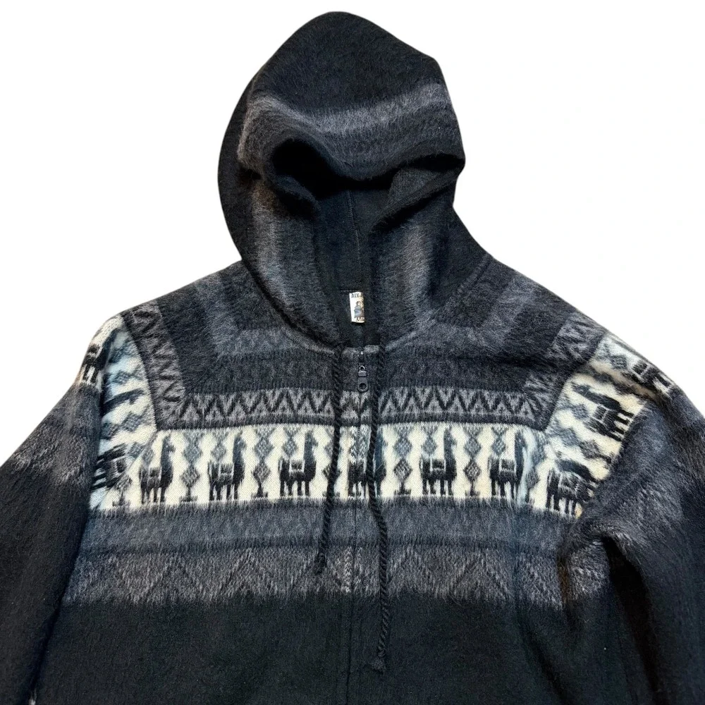 Aly Marka Llama Fair Isle Full Zip Hoodie Black Wool Blend Sweater Mens XL